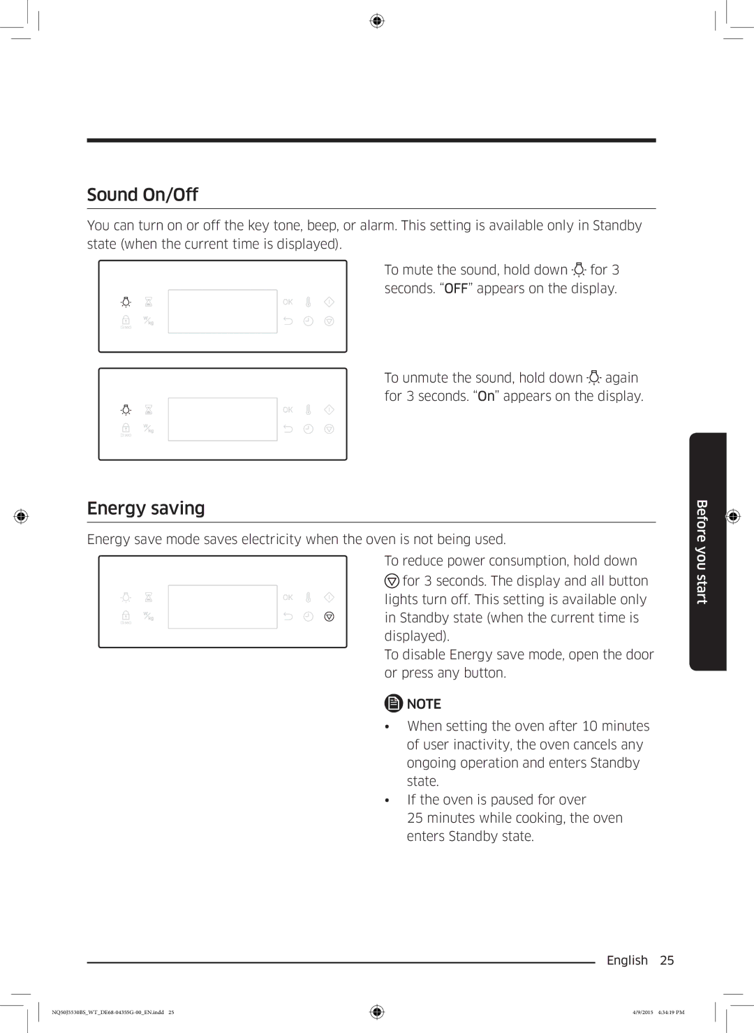 Samsung NQ50J5530BS/WT manual Sound On/Off, Energy saving 