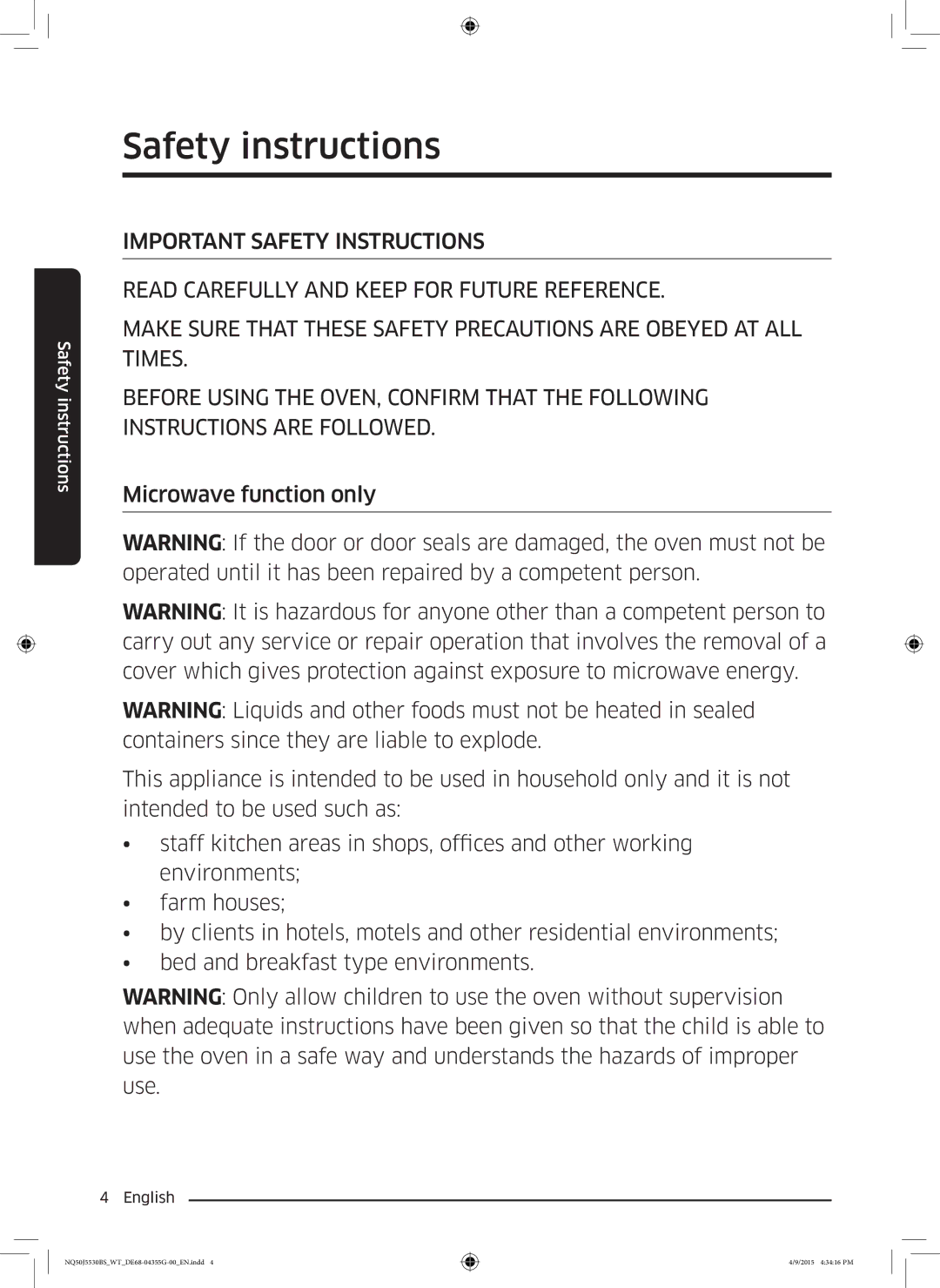 Samsung NQ50J5530BS/WT manual Safety instructions 