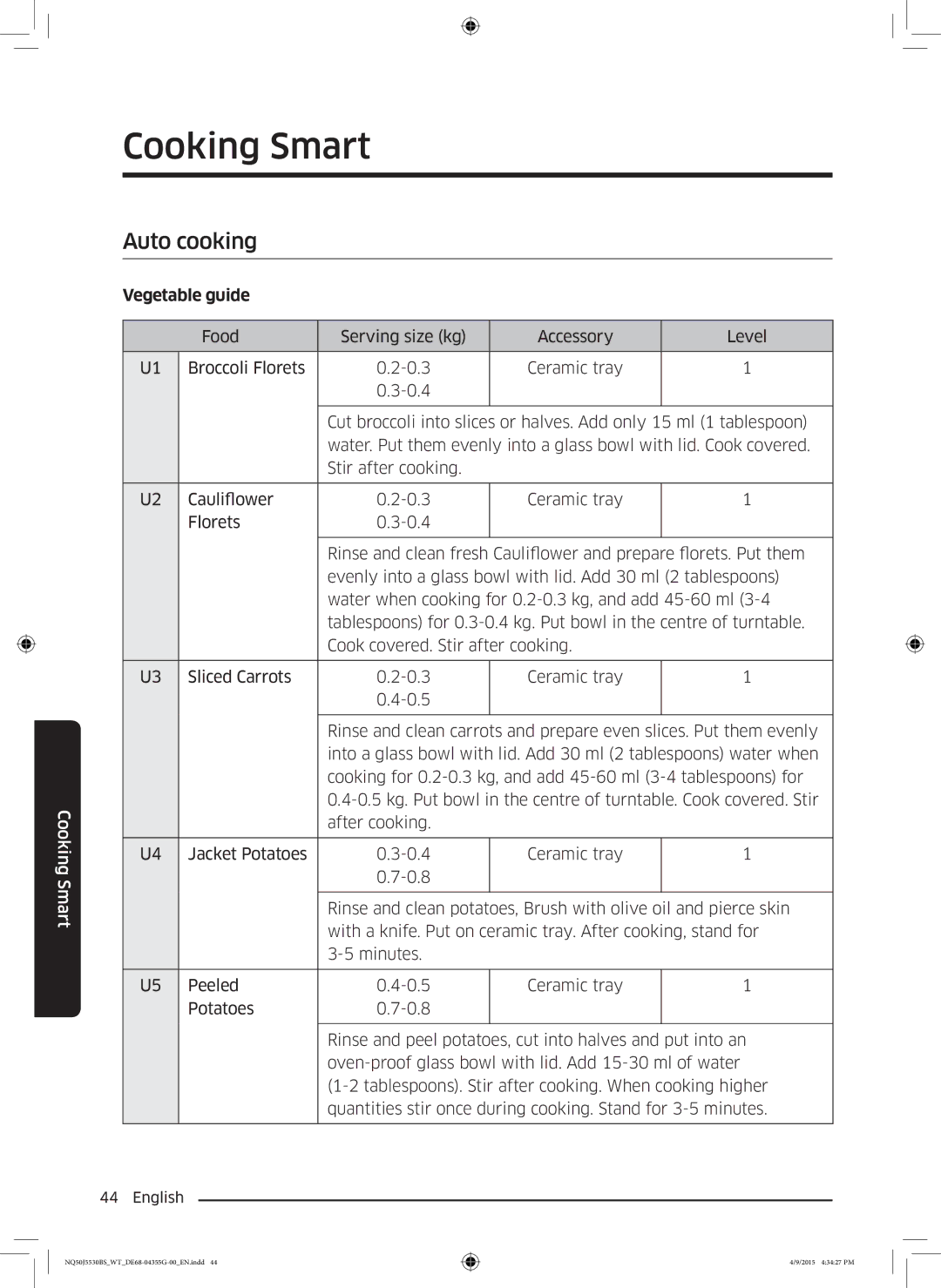 Samsung NQ50J5530BS/WT manual Cooking Smart, Auto cooking, Vegetable guide 