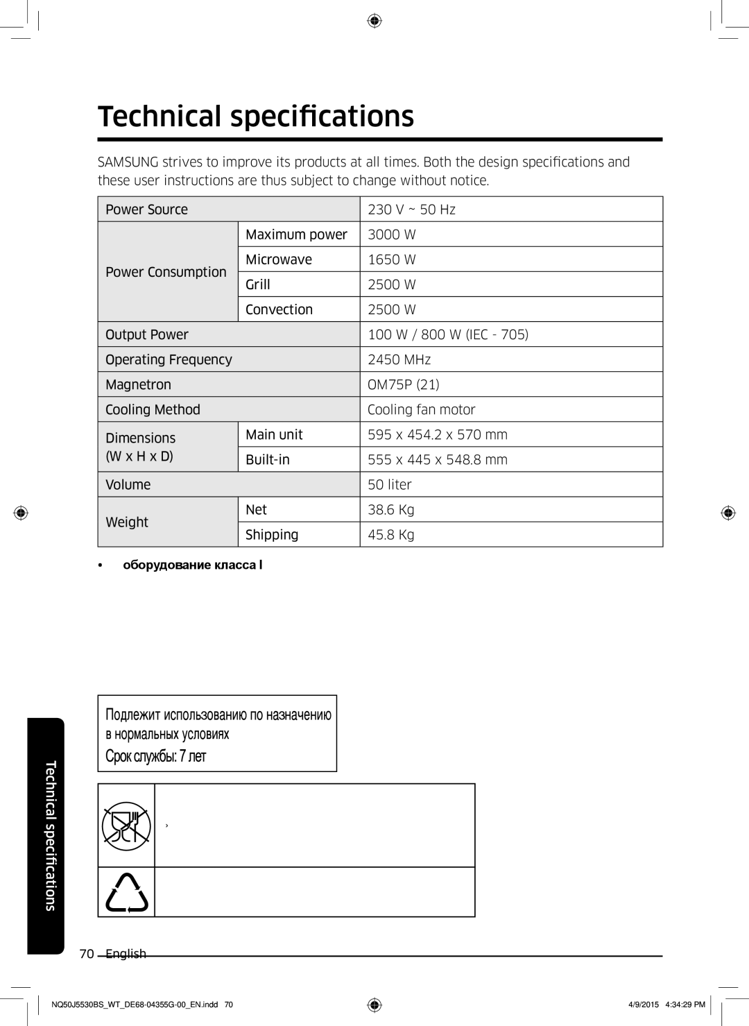 Samsung NQ50J5530BS/WT manual Technical specifications, Оборудование класса 