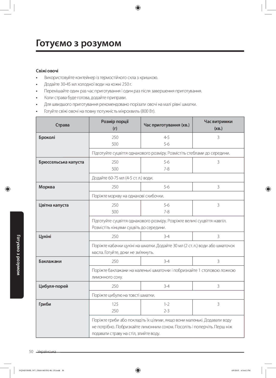 Samsung NQ50J5530BS/WT manual Свіжі овочі, Страва Розмір порції, Морква, Цвітна капуста, Цибуля-порей, Гриби 