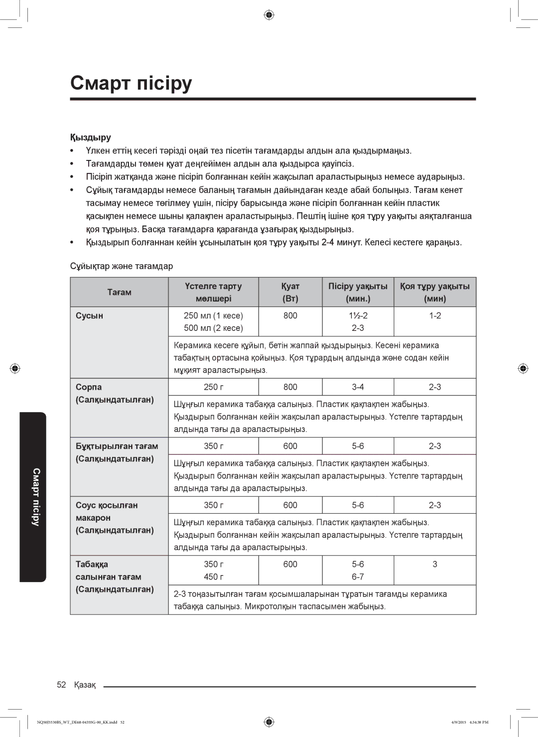 Samsung NQ50J5530BS/WT Тағам Үстелге тарту Қуат Пісіру уақыты, Сусын, Сорпа, Салқындатылған, Бұқтырылған тағам, Табаққа 