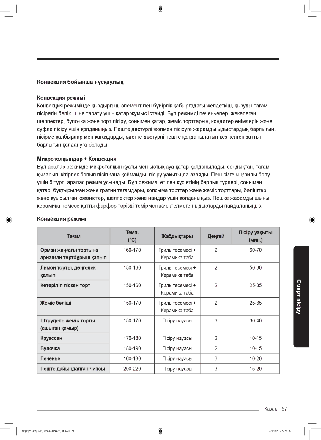 Samsung NQ50J5530BS/WT Конвекция бойынша нұсқаулық Конвекция режимі, Микротолқындар + Конвекция, Орман жаңғағы тортына 