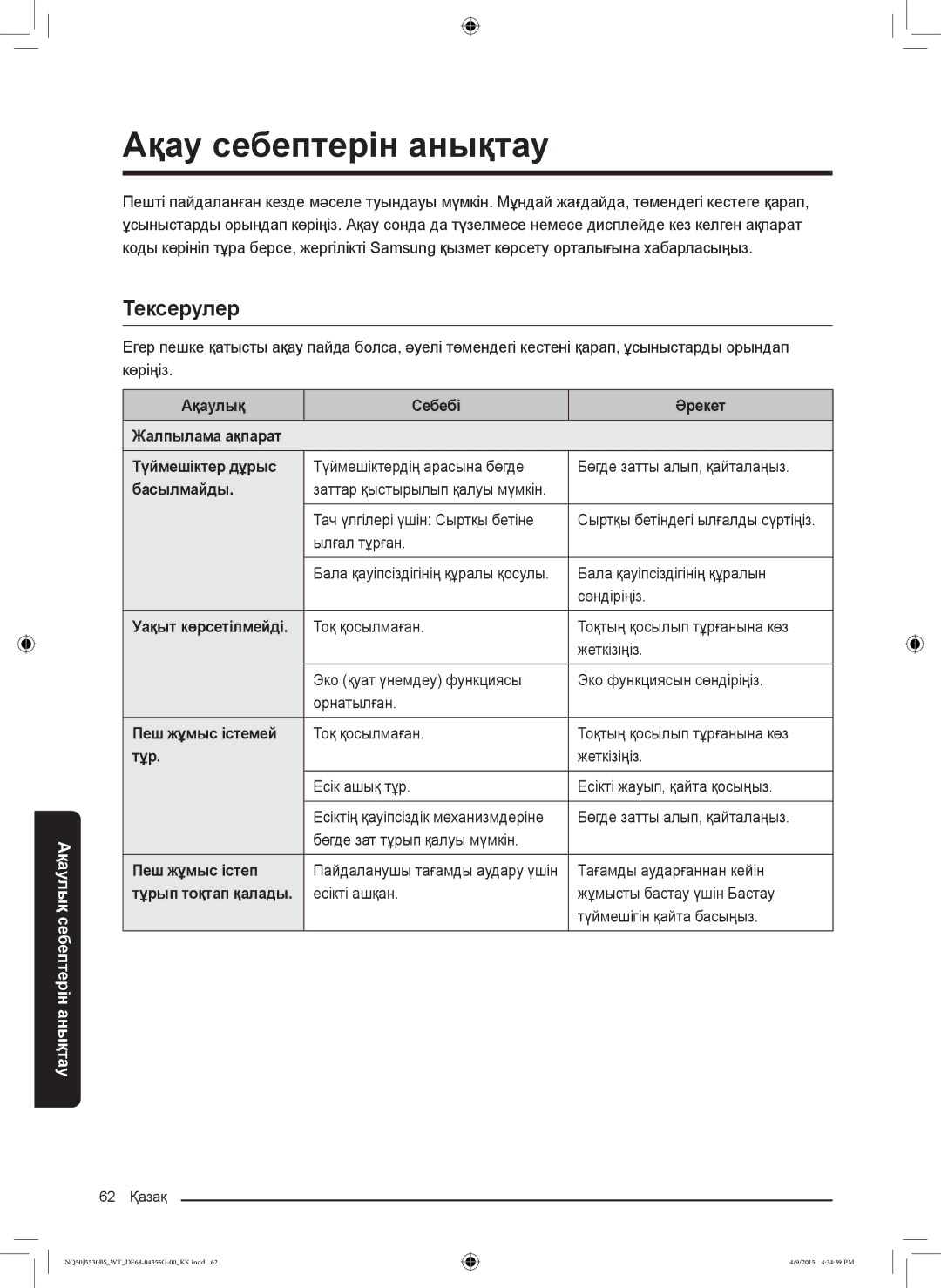 Samsung NQ50J5530BS/WT manual Ақау себептерін анықтау, Тексерулер 