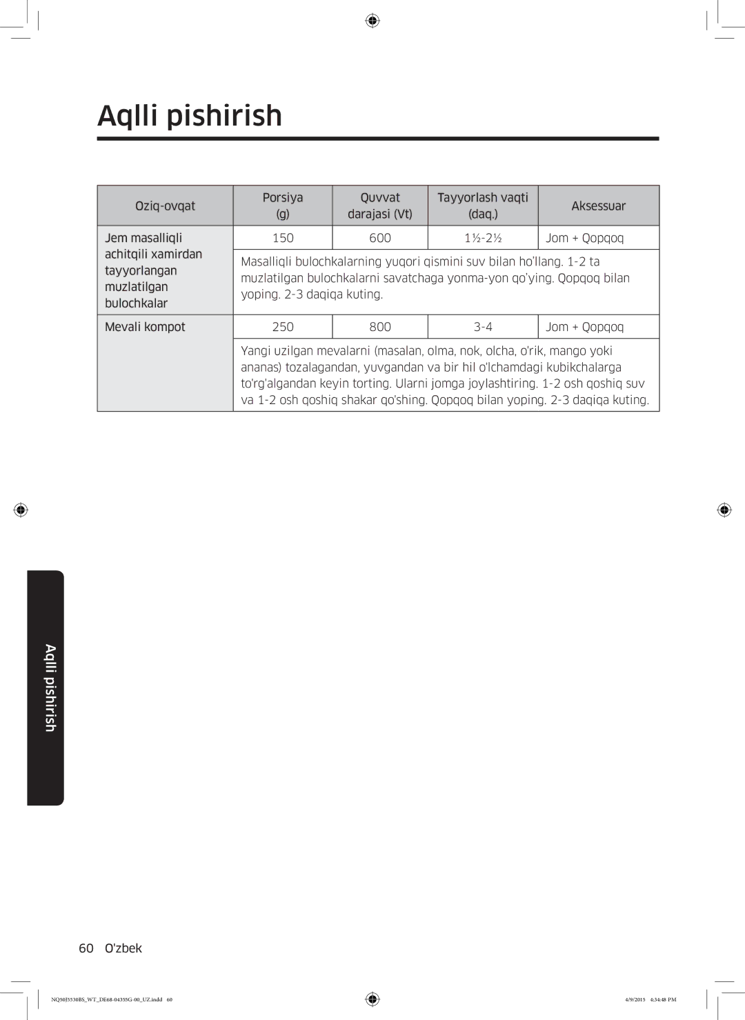 Samsung NQ50J5530BS/WT manual Aqlli pishirish 