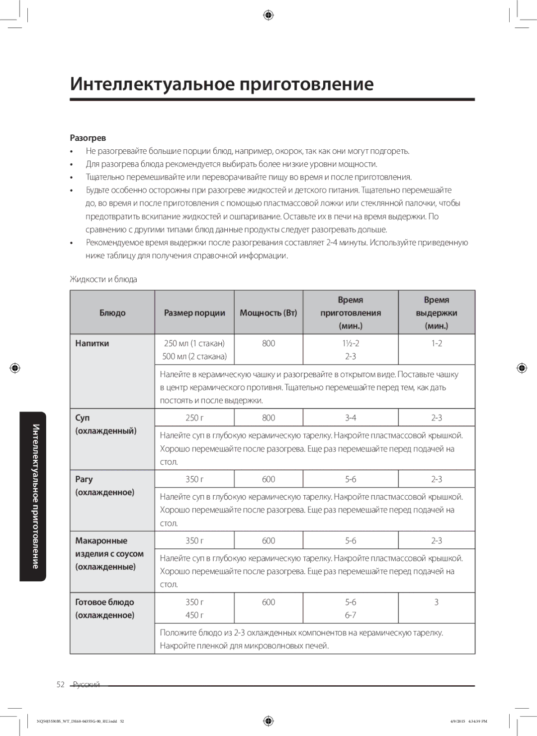 Samsung NQ50J5530BS/WT manual Разогрев, Время Блюдо, Напитки, 800, Суп, Охлажденный, Рагу, Охлажденное, Охлажденные 