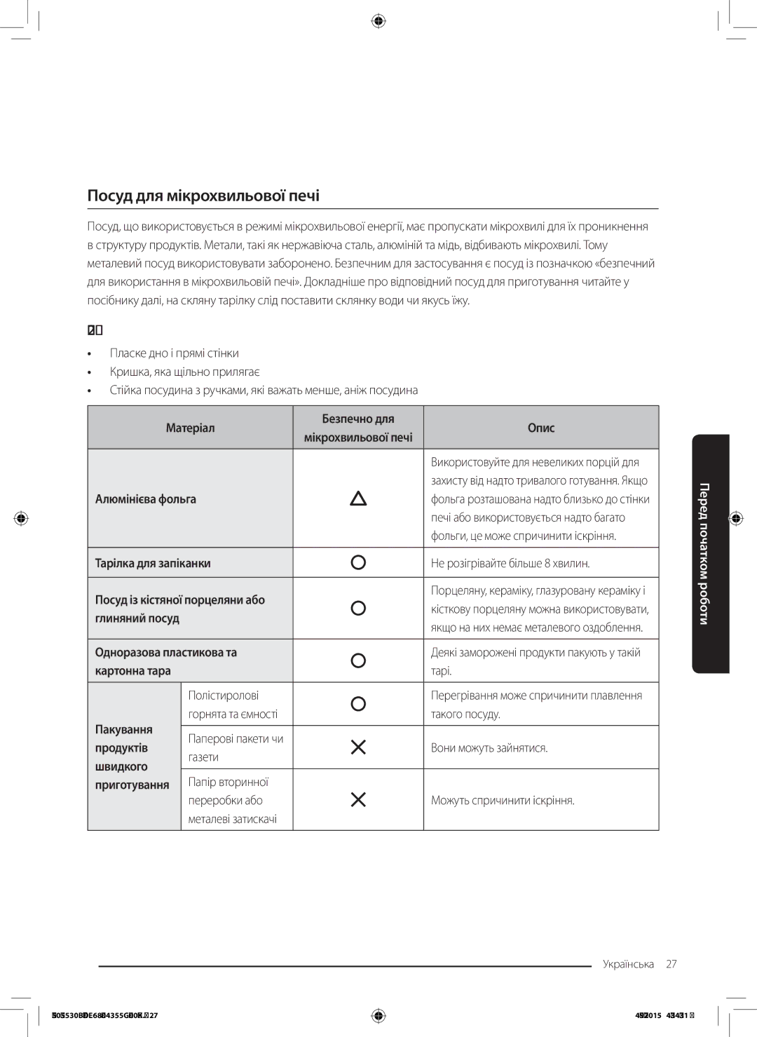 Samsung NQ50J5530BS/WT manual Посуд для мікрохвильової печі 