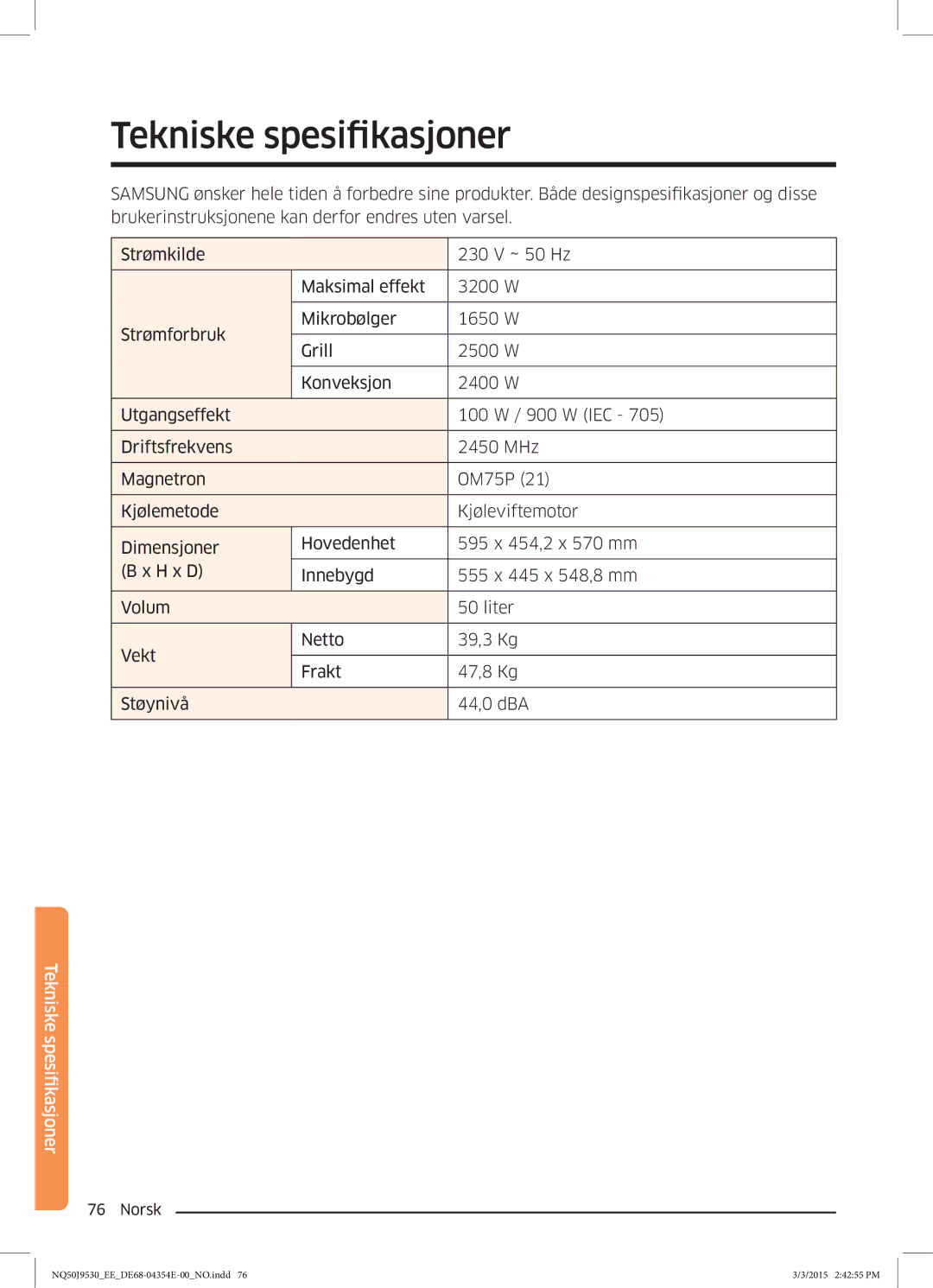 Samsung NQ50J9530BS/EE manual Tekniske spesifikasjoner 