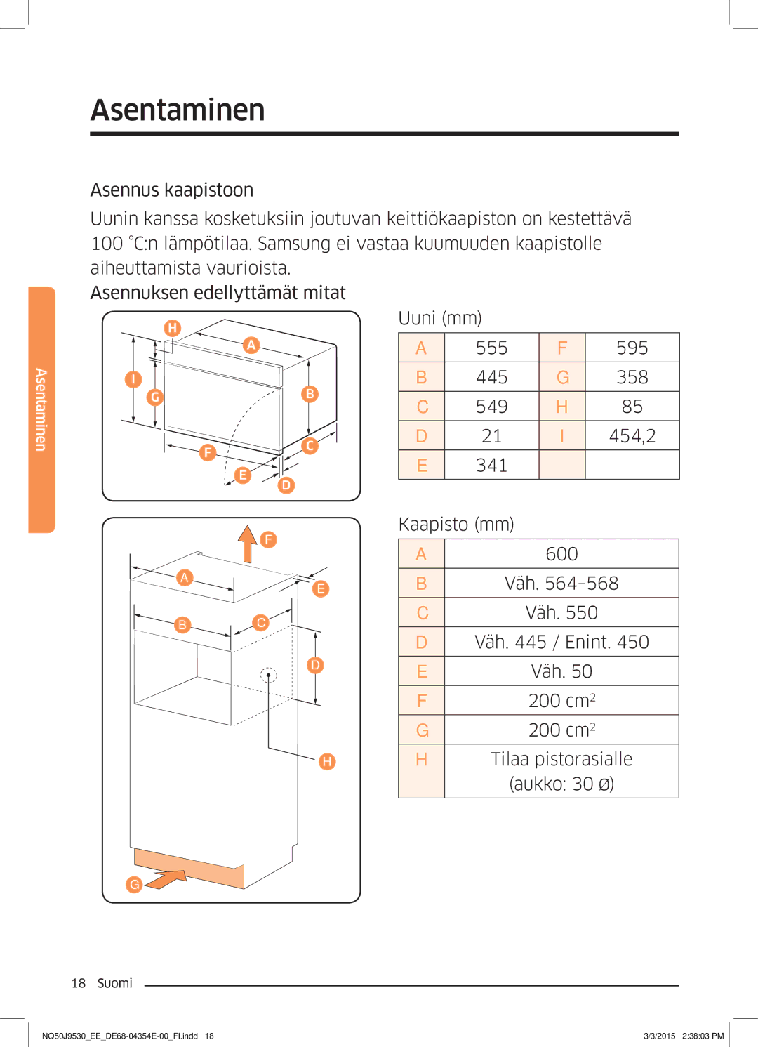 Samsung NQ50J9530BS/EE manual Uuni mm, Kaapisto mm, Väh / Enint, Tilaa pistorasialle Aukko 30 Ø 