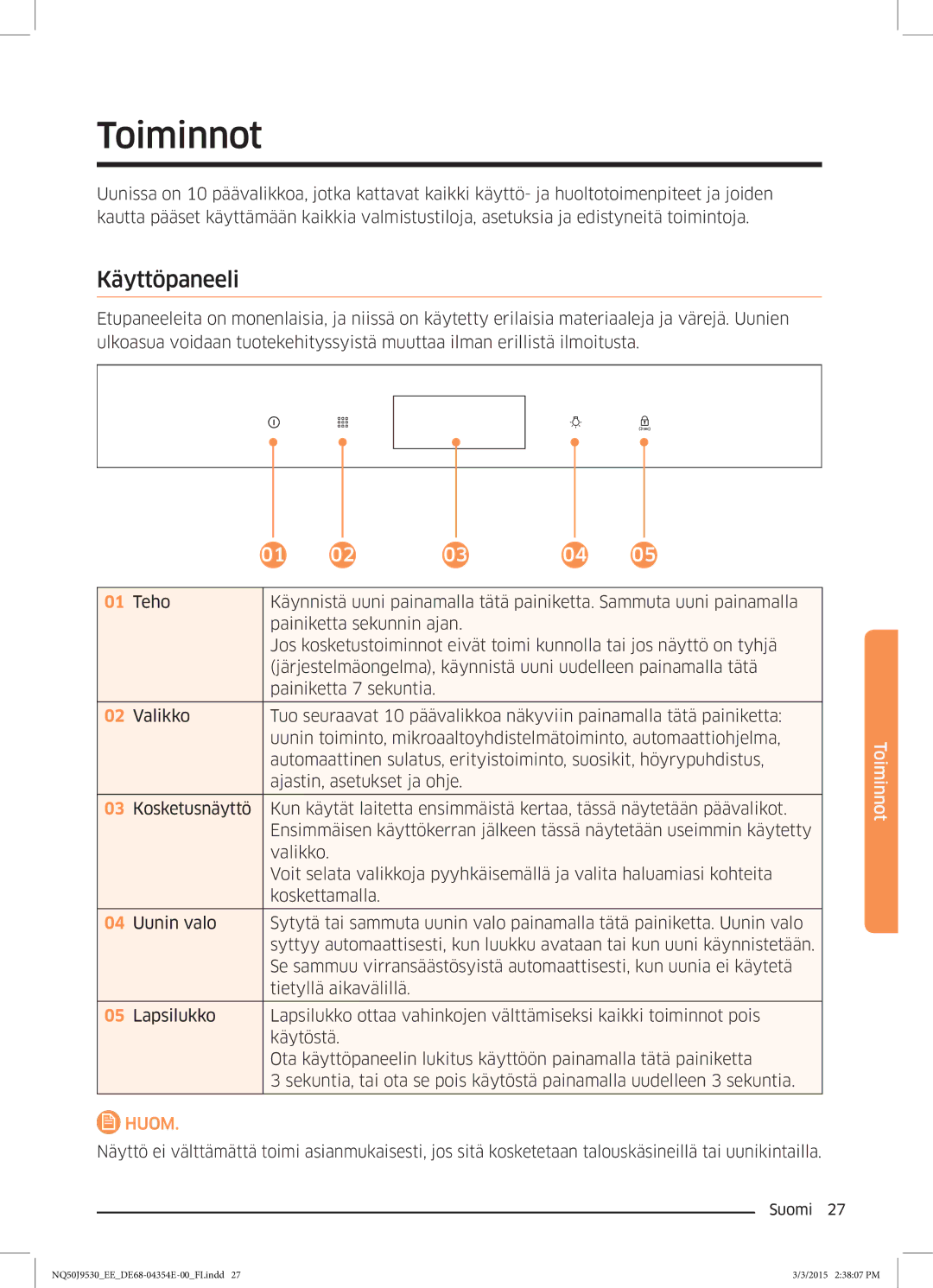 Samsung NQ50J9530BS/EE manual Toiminnot, Käyttöpaneeli 