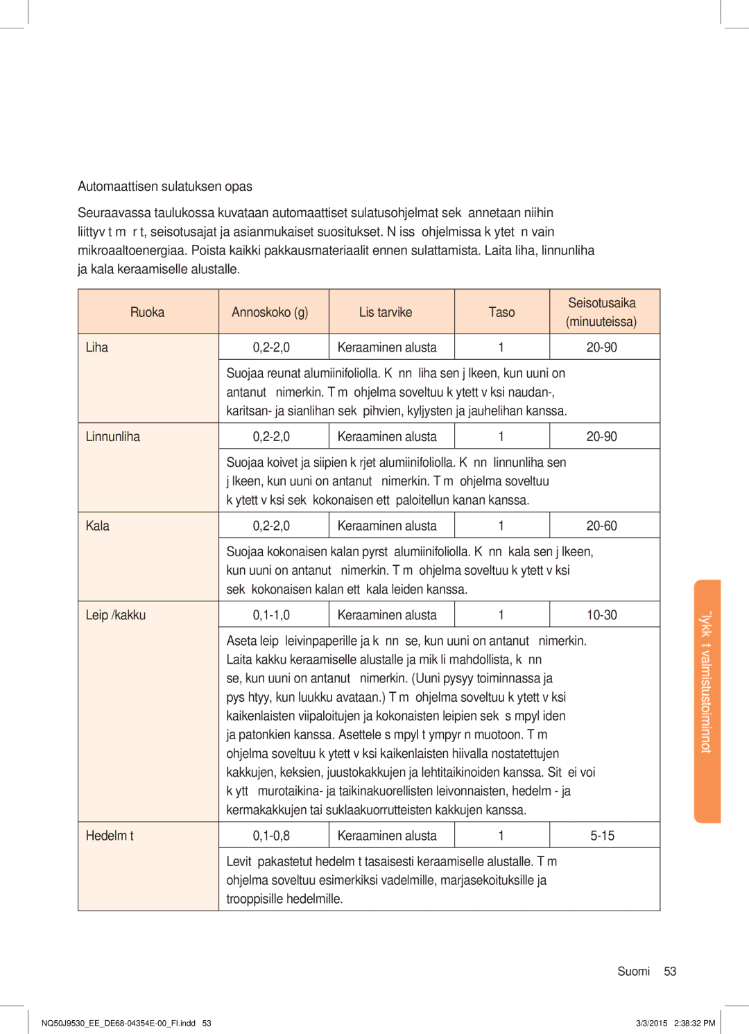 Samsung NQ50J9530BS/EE manual Automaattisen sulatuksen opas 