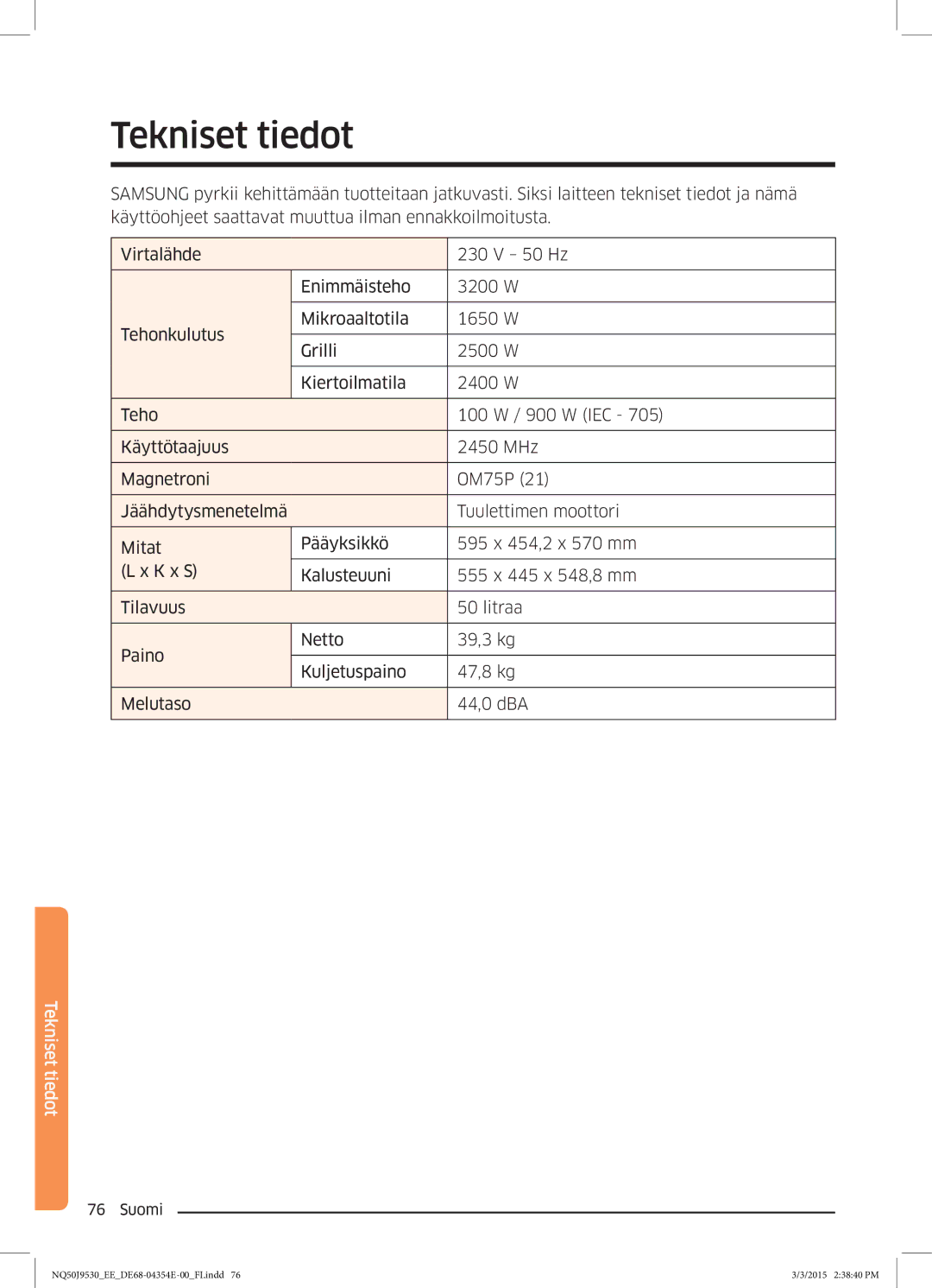 Samsung NQ50J9530BS/EE manual Tekniset tiedot 