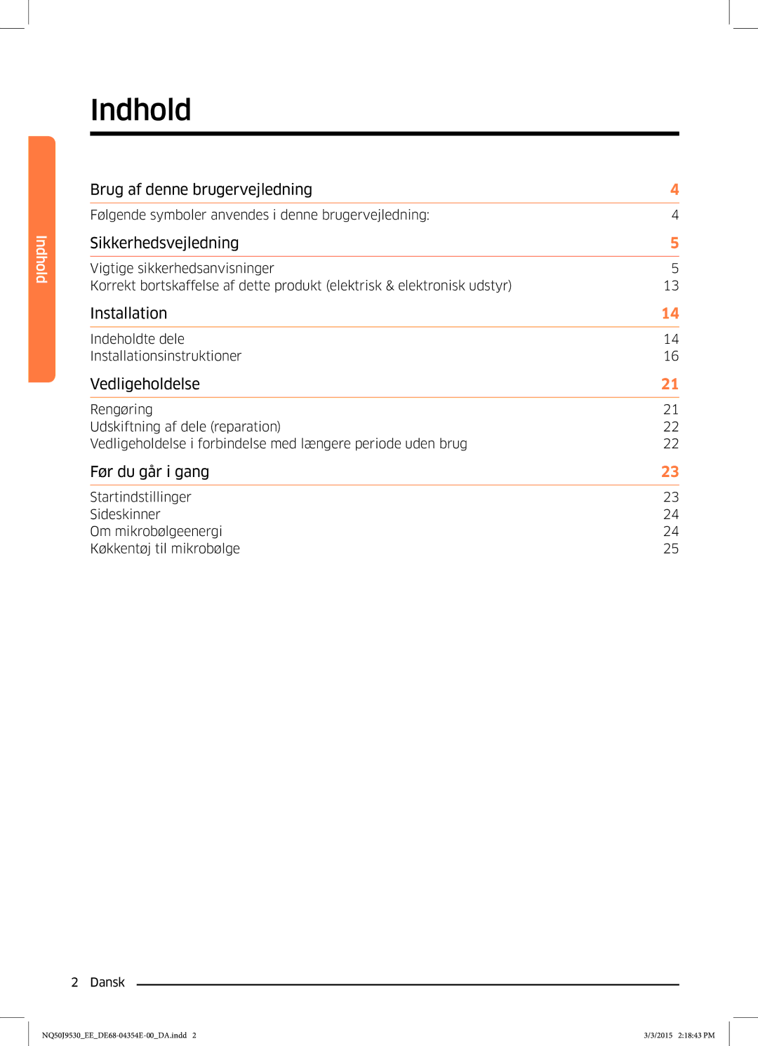 Samsung NQ50J9530BS/EE manual Indhold, Sikkerhedsvejledning 