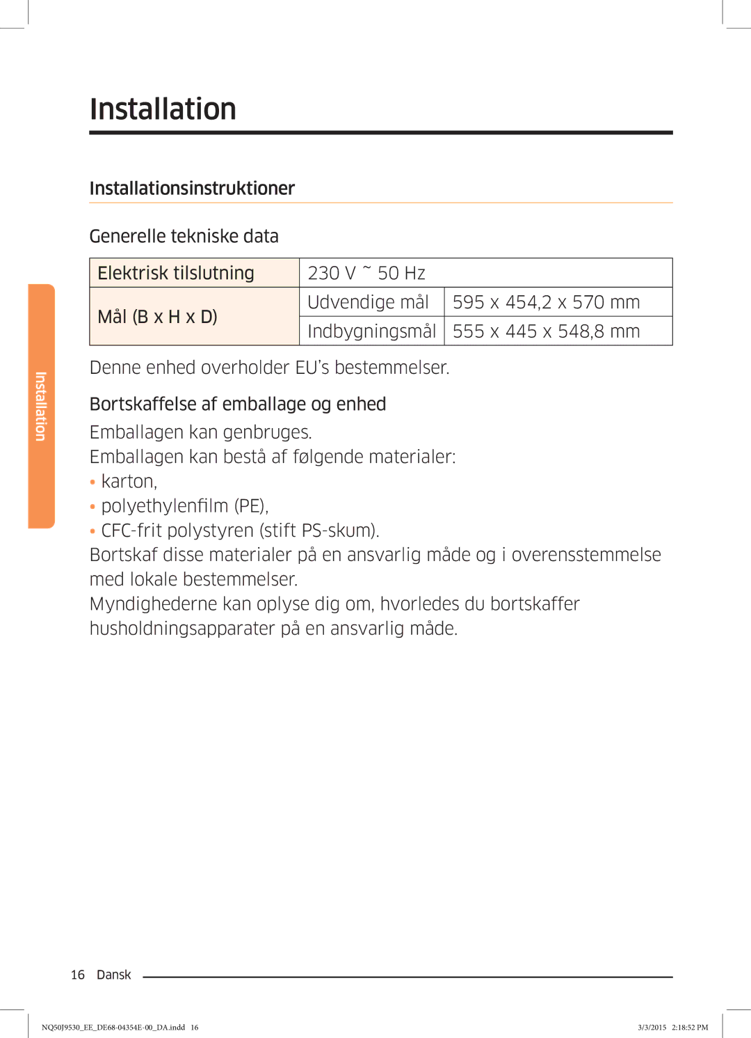 Samsung NQ50J9530BS/EE manual Installation 