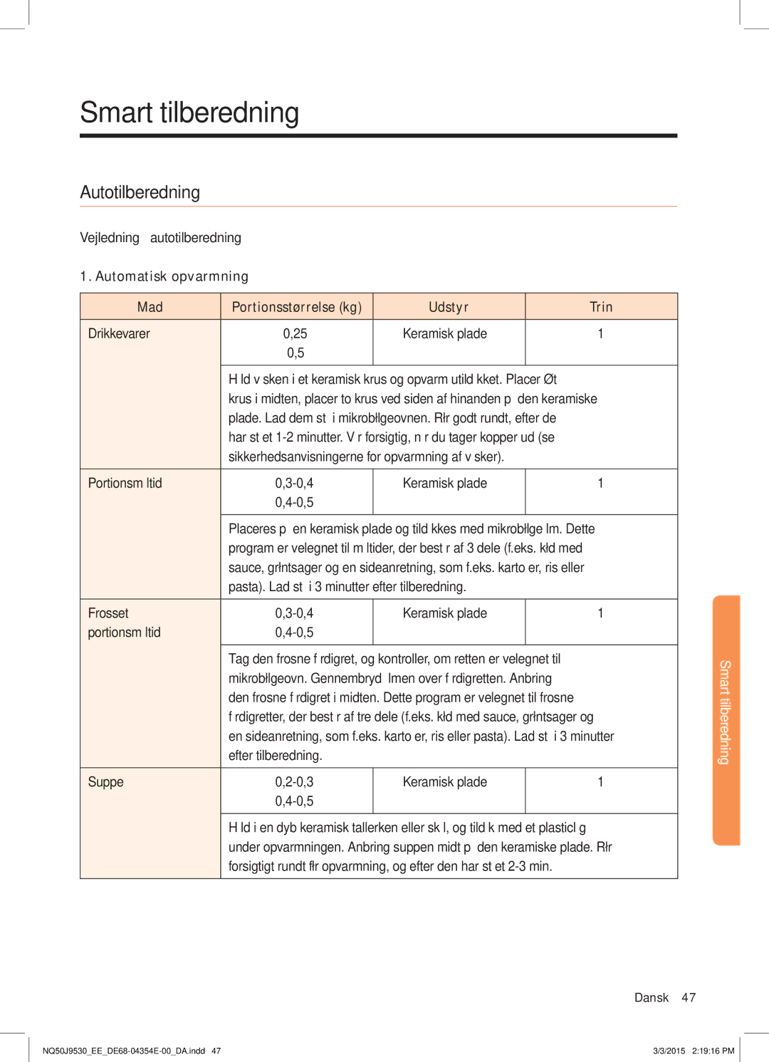 Samsung NQ50J9530BS/EE manual Smart tilberedning, Autotilberedning, Vejledning autotilberedning 1. Automatisk opvarmning 