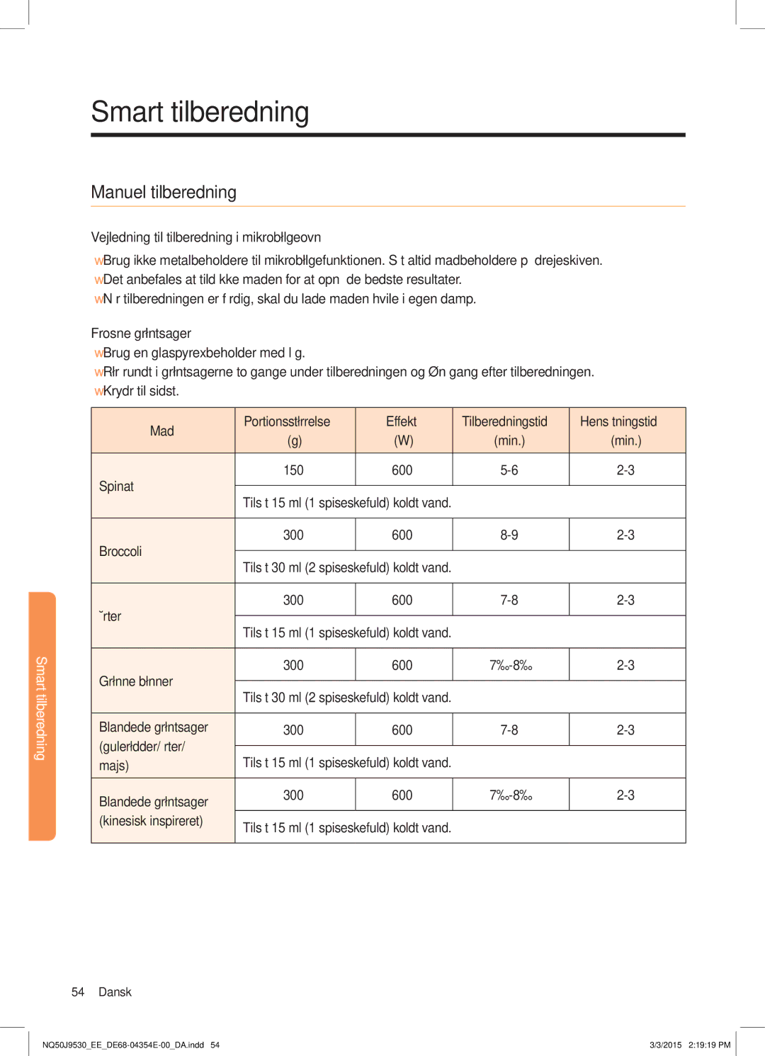 Samsung NQ50J9530BS/EE manual Manuel tilberedning, Vejledning til tilberedning i mikrobølgeovn 