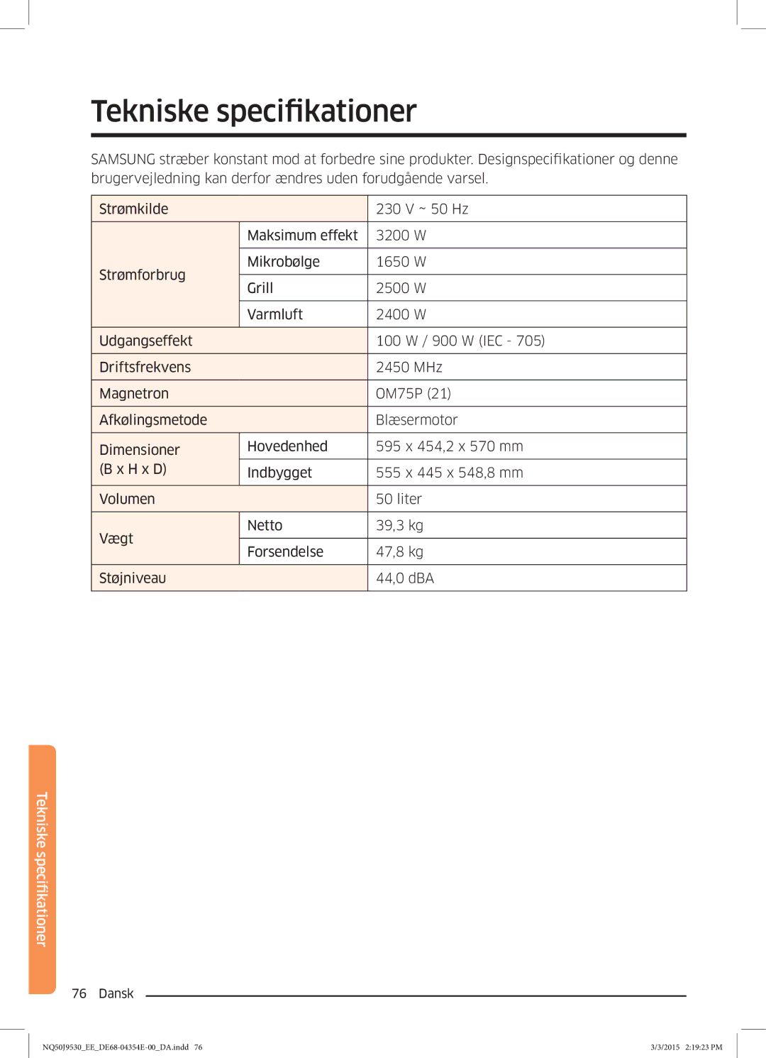 Samsung NQ50J9530BS/EE manual Tekniske specifikationer 