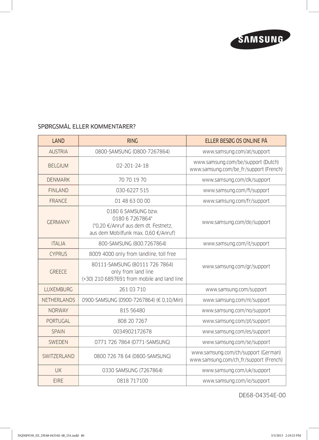 Samsung NQ50J9530BS/EE manual DE68-04354E-00 