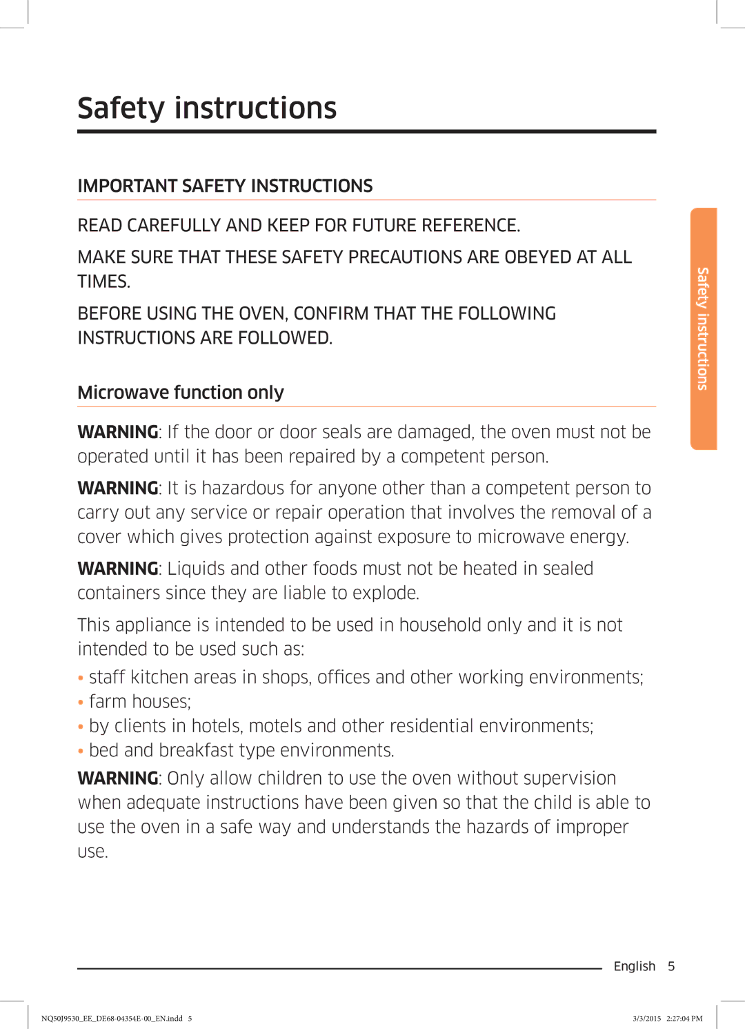 Samsung NQ50J9530BS/EE manual Safety instructions 