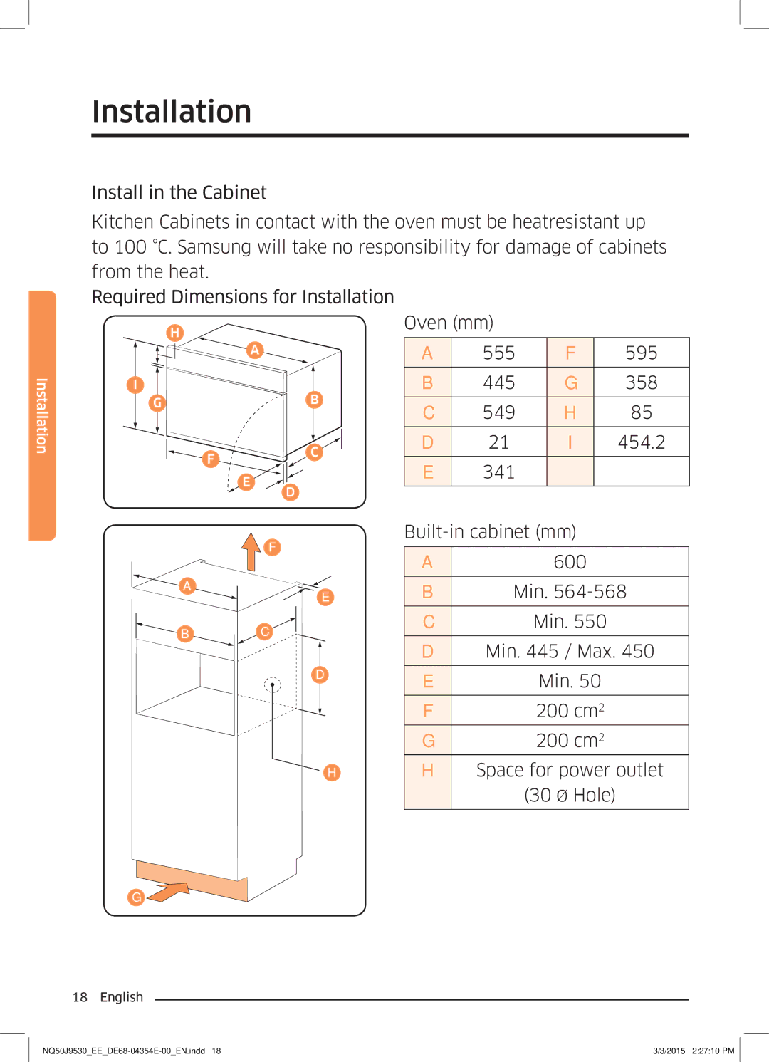 Samsung NQ50J9530BS/EE manual Oven mm, Built-in cabinet mm, Min / Max, Space for power outlet 30 Ø Hole 