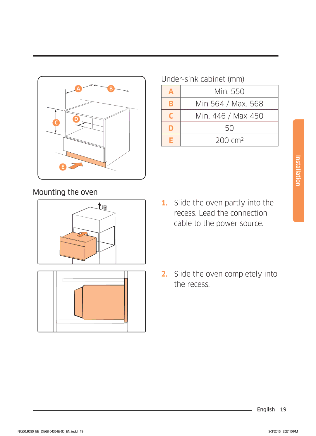 Samsung NQ50J9530BS/EE manual Mounting the oven Under-sink cabinet mm, Min 564 / Max Min / Max 