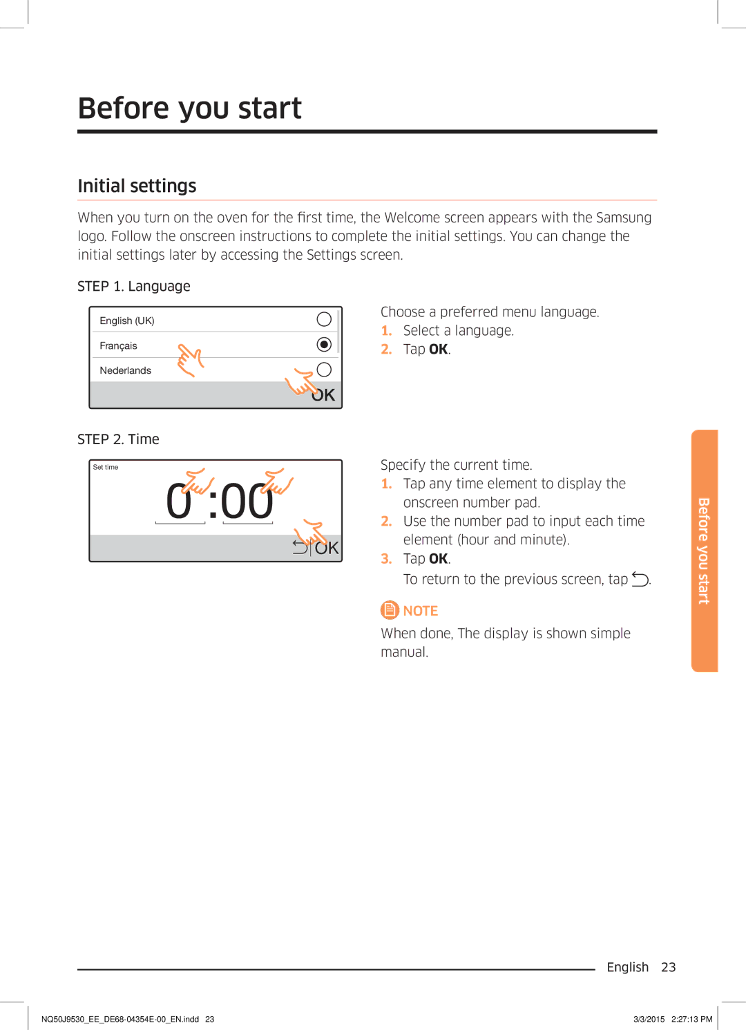 Samsung NQ50J9530BS/EE manual Before you start, Initial settings 