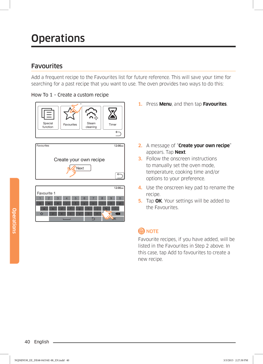 Samsung NQ50J9530BS/EE manual Favourites, Message of Create your own recipe appears. Tap Next 