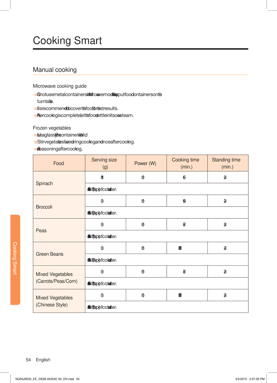 Samsung NQ50J9530BS/EE manual Manual cooking, Microwave cooking guide 