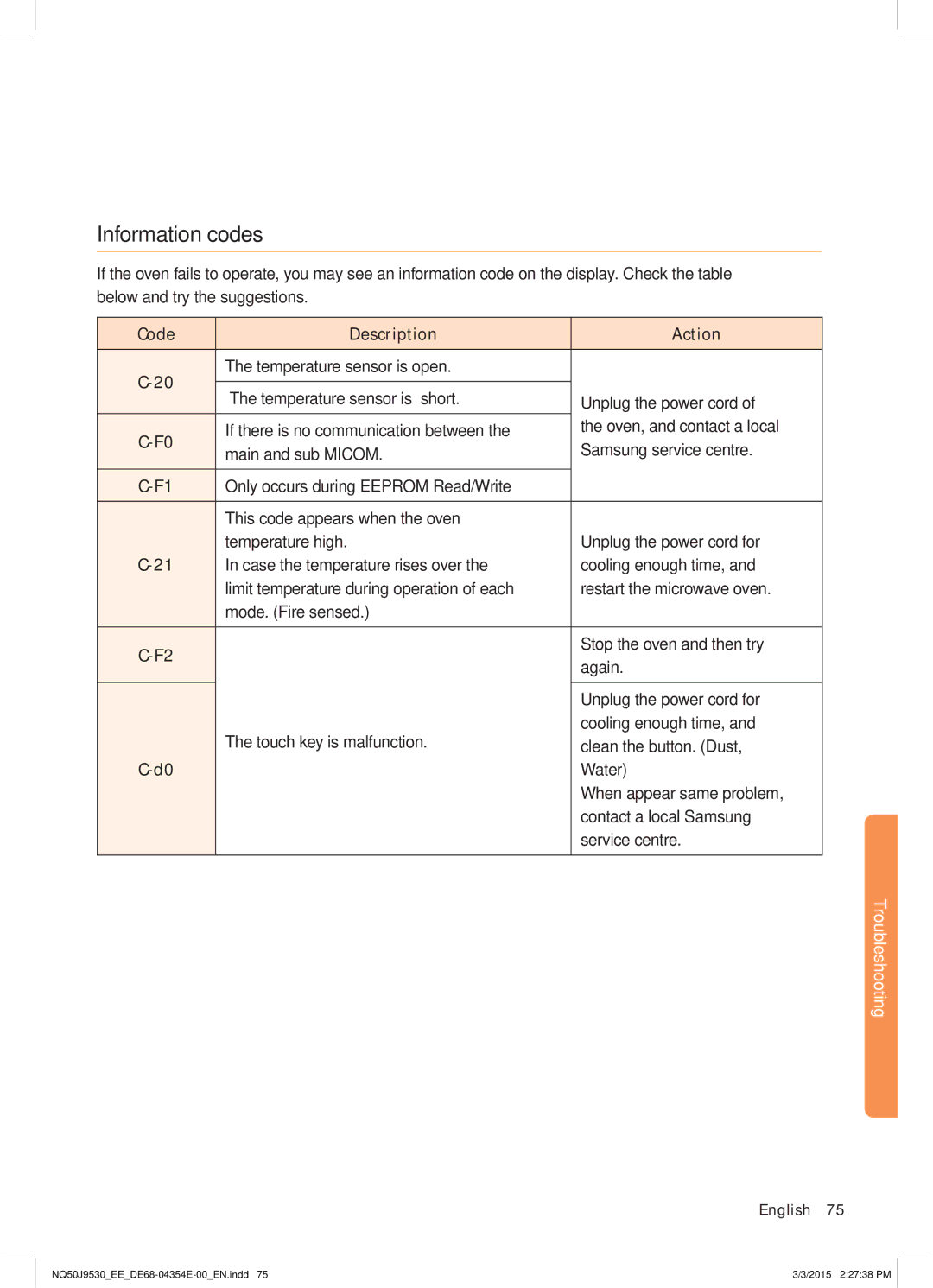 Samsung NQ50J9530BS/EE manual Information codes 