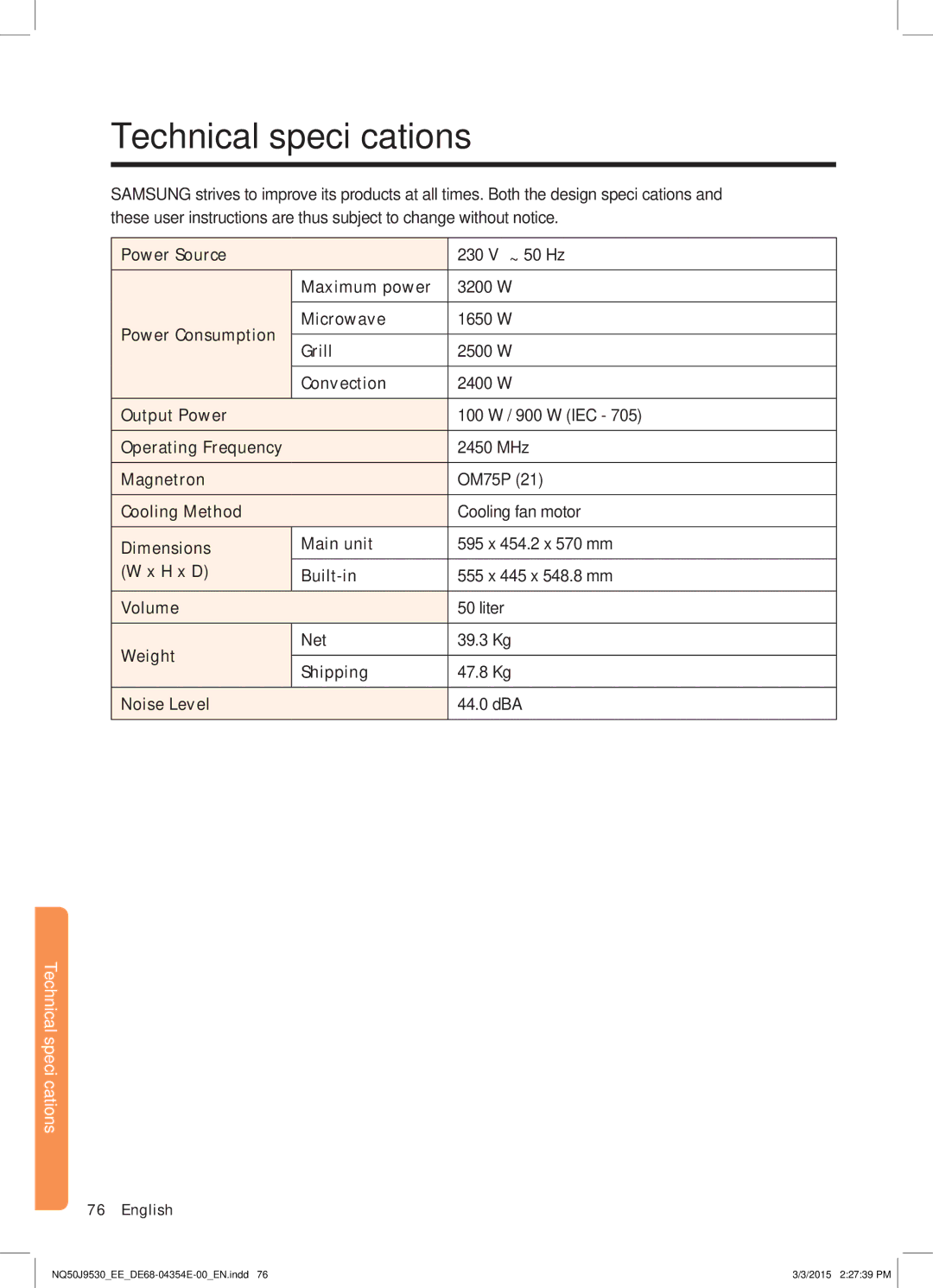 Samsung NQ50J9530BS/EE manual Technical specifications 