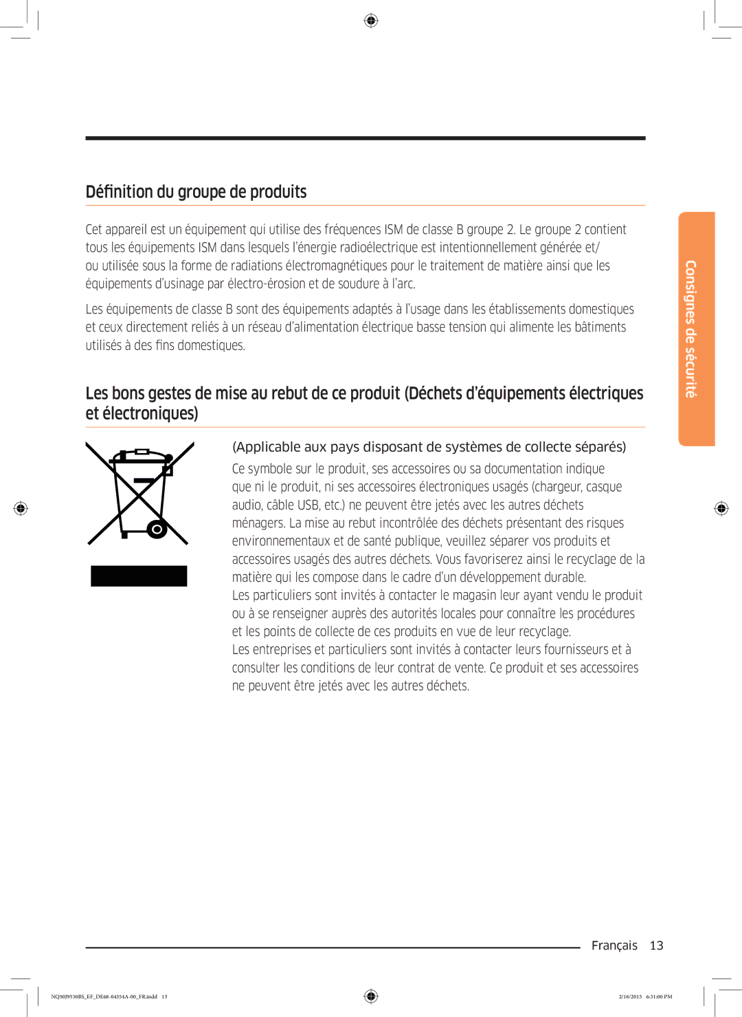 Samsung NQ50J9530BS/EF manual Définition du groupe de produits 