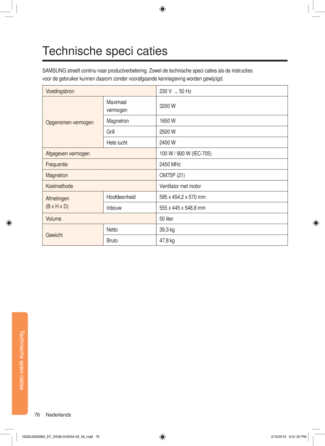 Samsung NQ50J9530BS/EF manual Technische specificaties 