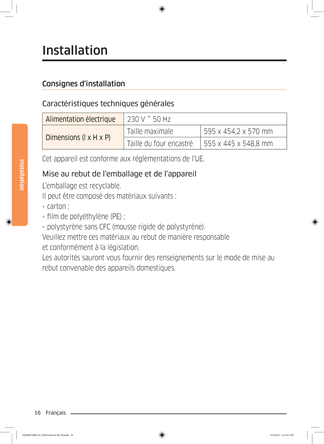 Samsung NQ50J9530BS/EF manual Installation 