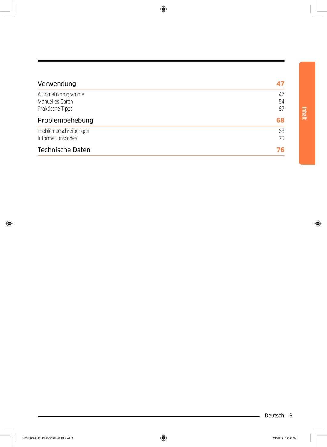 Samsung NQ50J9530BS/EF manual Technische Daten, Automatikprogramme Manuelles Garen Praktische Tipps 