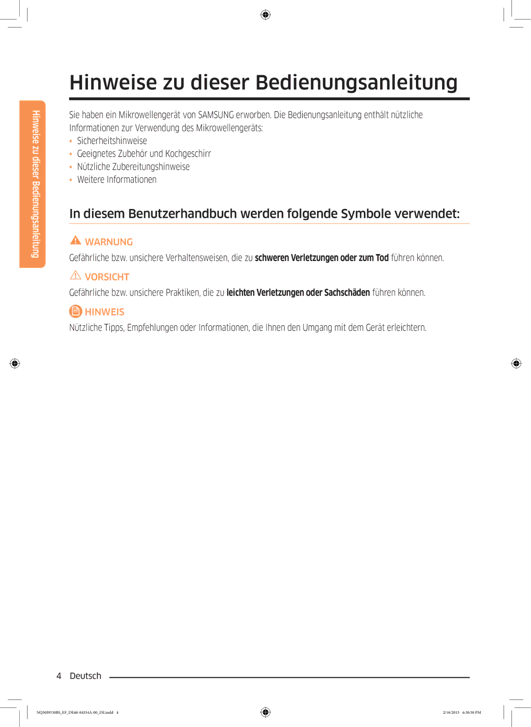 Samsung NQ50J9530BS/EF Hinweise zu dieser Bedienungsanleitung, Diesem Benutzerhandbuch werden folgende Symbole verwendet 