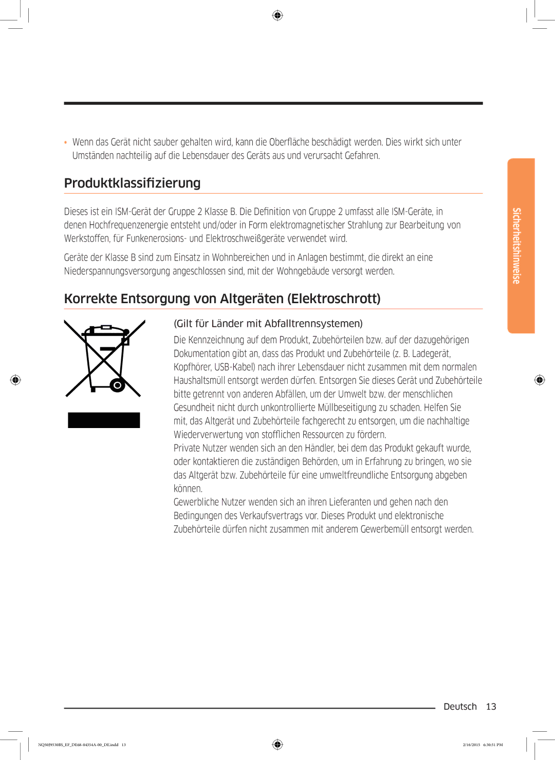 Samsung NQ50J9530BS/EF manual Produktklassifizierung, Korrekte Entsorgung von Altgeräten Elektroschrott 