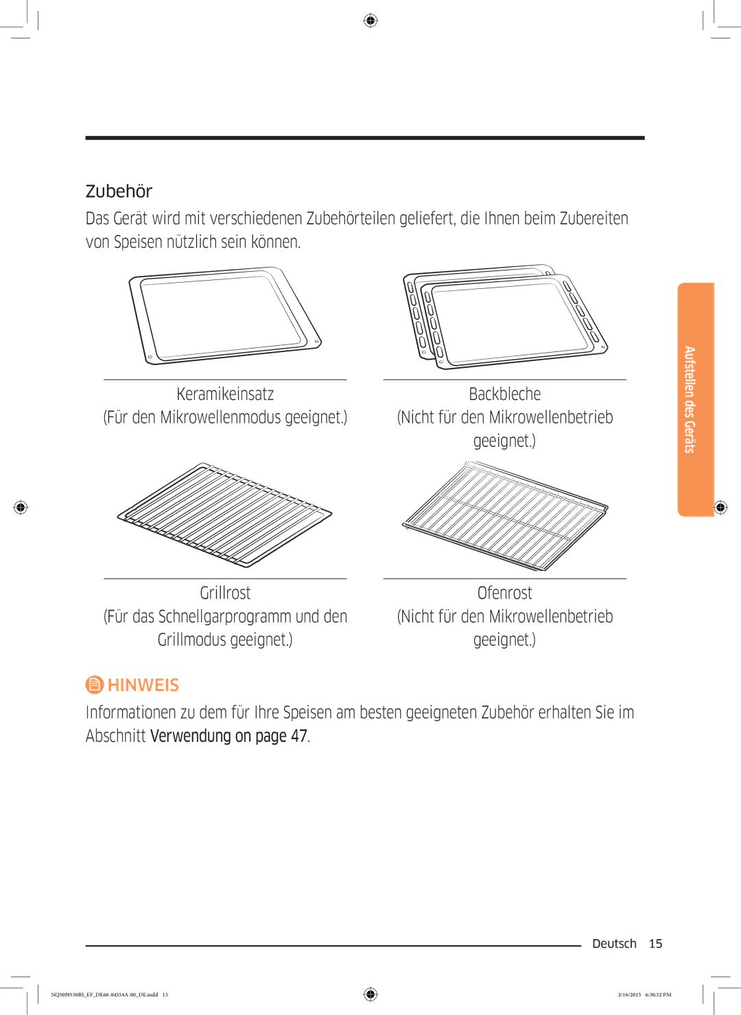 Samsung NQ50J9530BS/EF manual Für den Mikrowellenmodus geeignet, Hinweis 