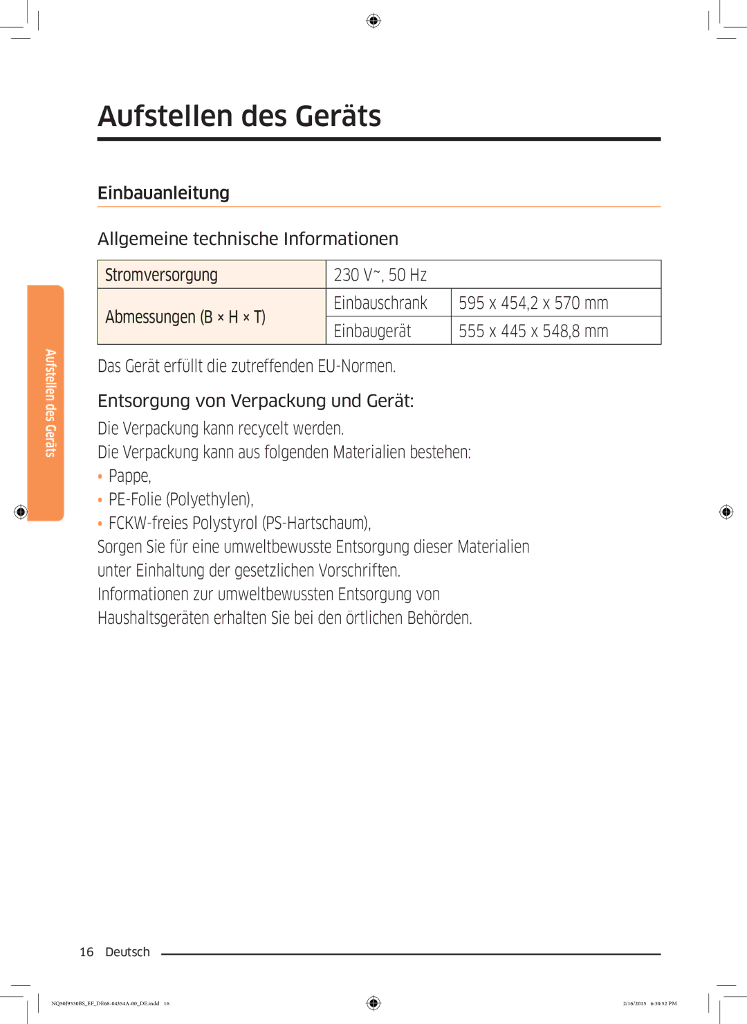 Samsung NQ50J9530BS/EF manual Aufstellen des Geräts 