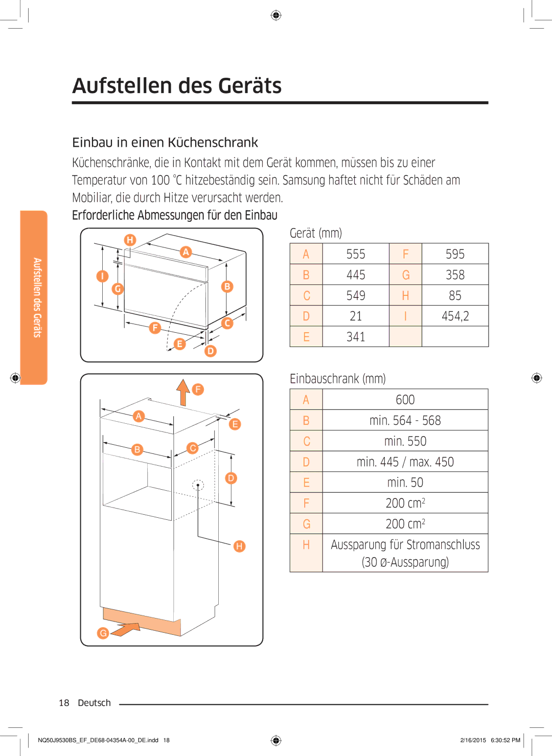 Samsung NQ50J9530BS/EF manual Gerät mm, Einbauschrank mm, Min / max, Aussparung für Stromanschluss 30 Ø-Aussparung 