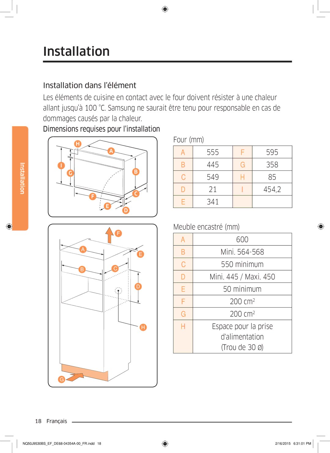 Samsung NQ50J9530BS/EF manual Four mm, Meuble encastré mm, Mini Minimum Mini / Maxi 200 cm2 Espace pour la prise 