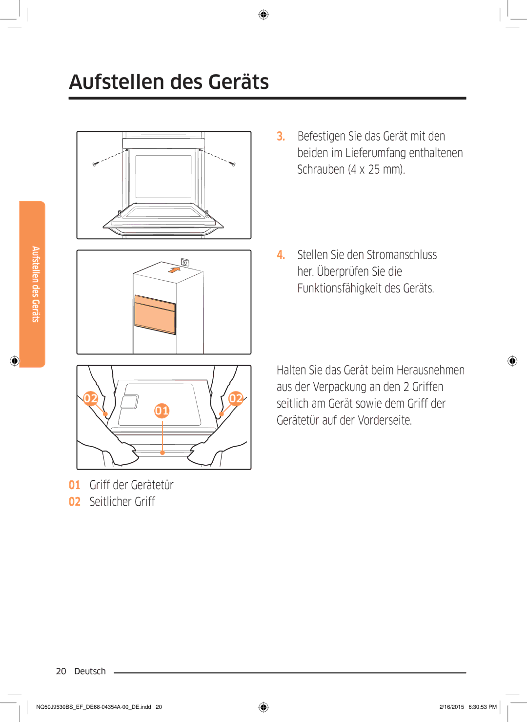 Samsung NQ50J9530BS/EF manual Gerätetür auf der Vorderseite, Griff der Gerätetür Seitlicher Griff 