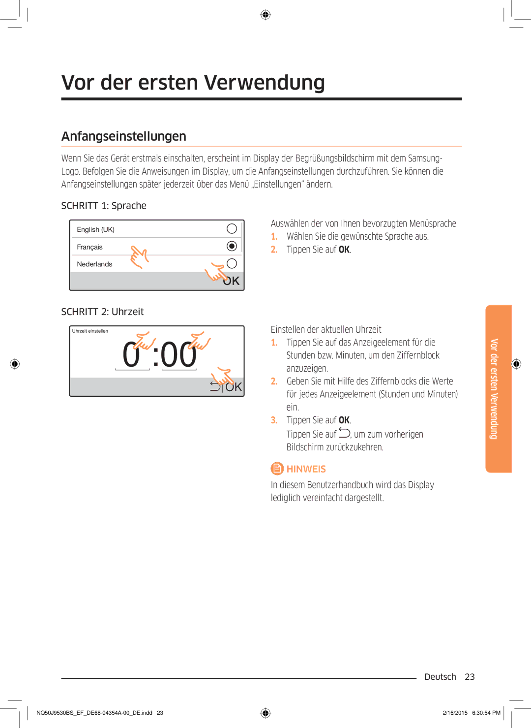 Samsung NQ50J9530BS/EF manual Vor der ersten Verwendung, Anfangseinstellungen, Schritt 1 Sprache, Schritt 2 Uhrzeit 