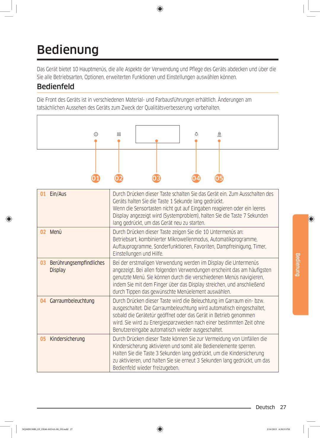 Samsung NQ50J9530BS/EF manual Bedienung, Bedienfeld 