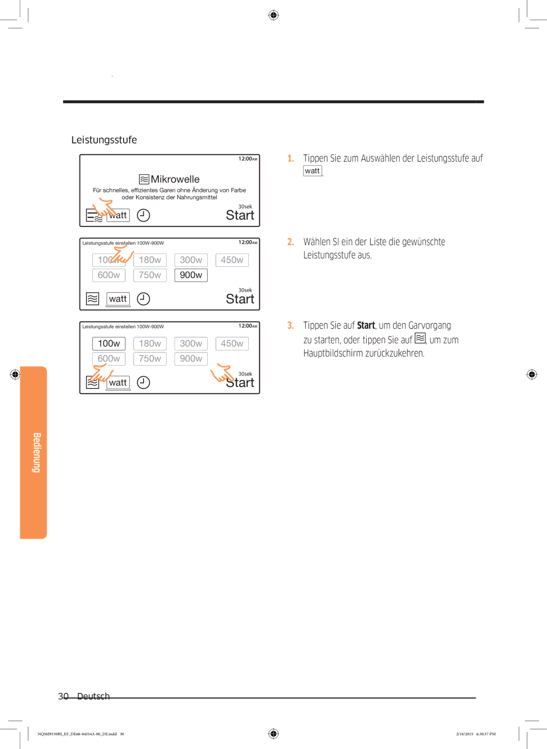 Samsung NQ50J9530BS/EF manual Tippen Sie zum Auswählen der Leistungsstufe auf 