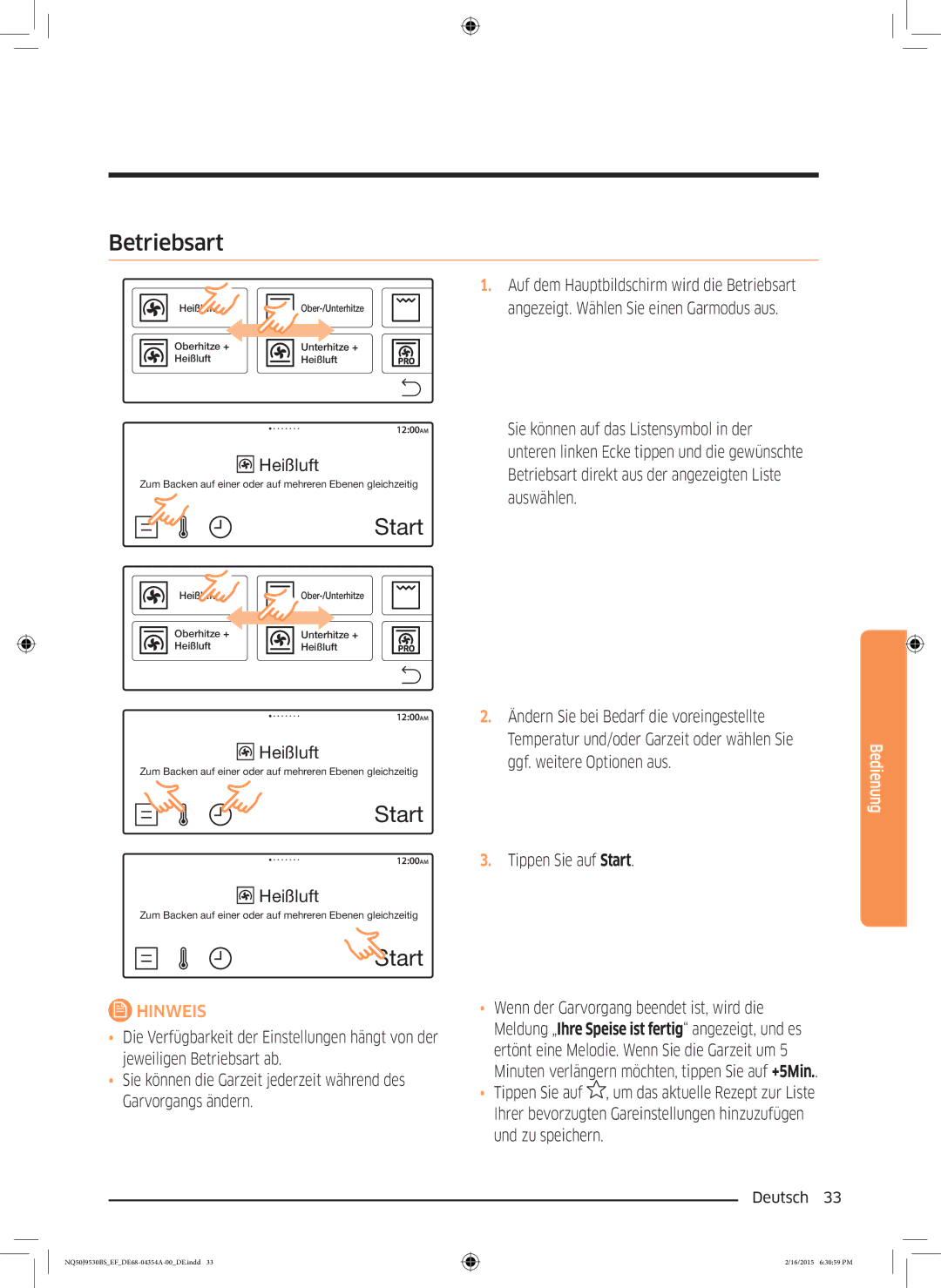 Samsung NQ50J9530BS/EF manual Betriebsart 