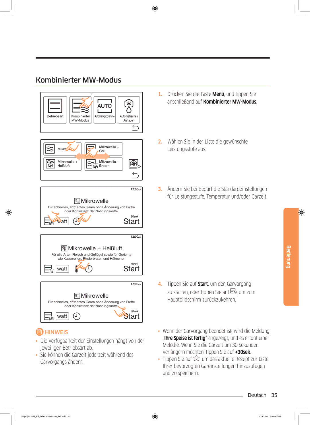 Samsung NQ50J9530BS/EF manual Kombinierter MW-Modus, Drücken Sie die Taste Menü, und tippen Sie, Leistungsstufe aus, Watt 