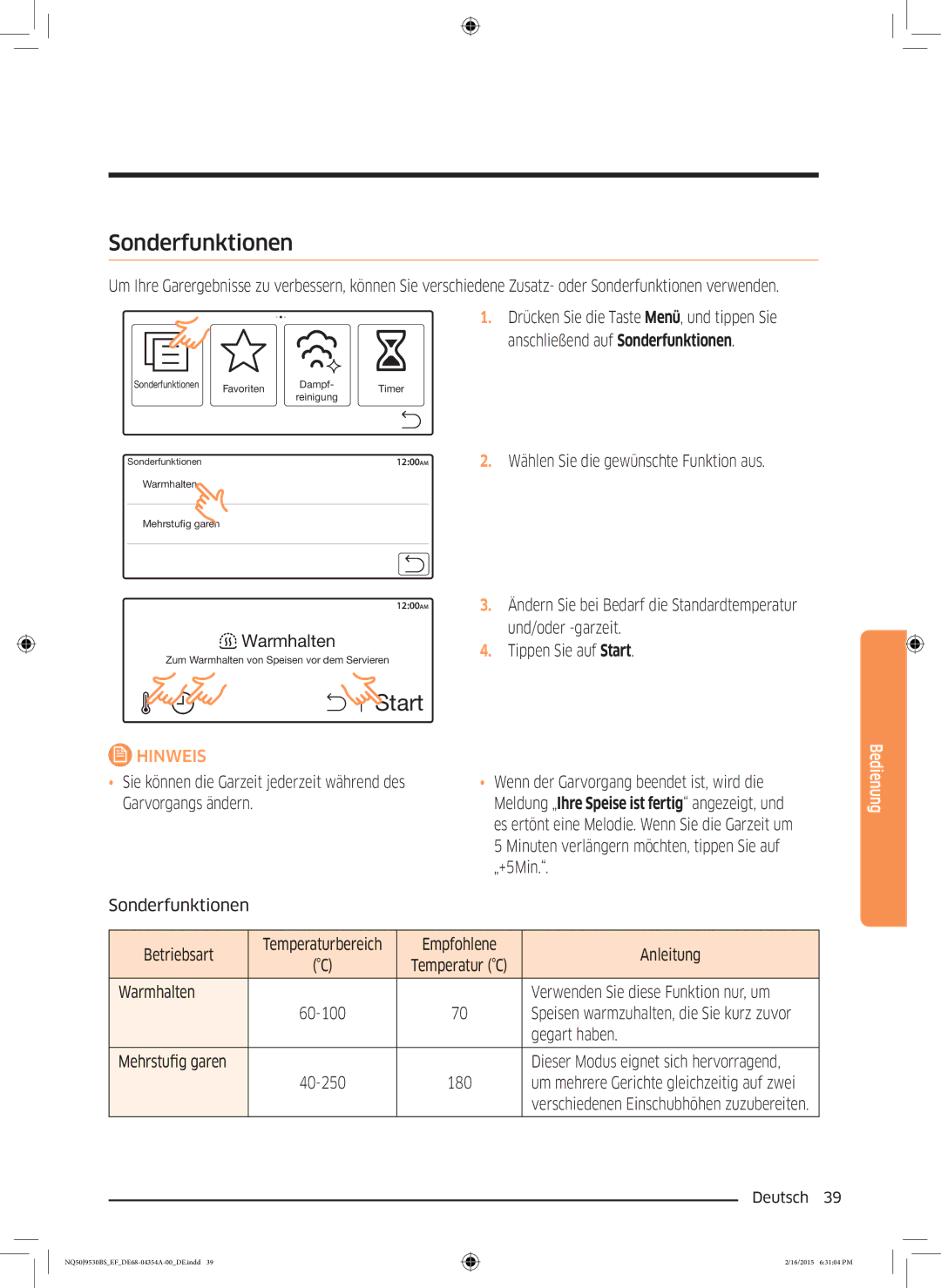 Samsung NQ50J9530BS/EF manual Sonderfunktionen, Betriebsart Temperaturbereich Empfohlene Anleitung, Gegart haben 