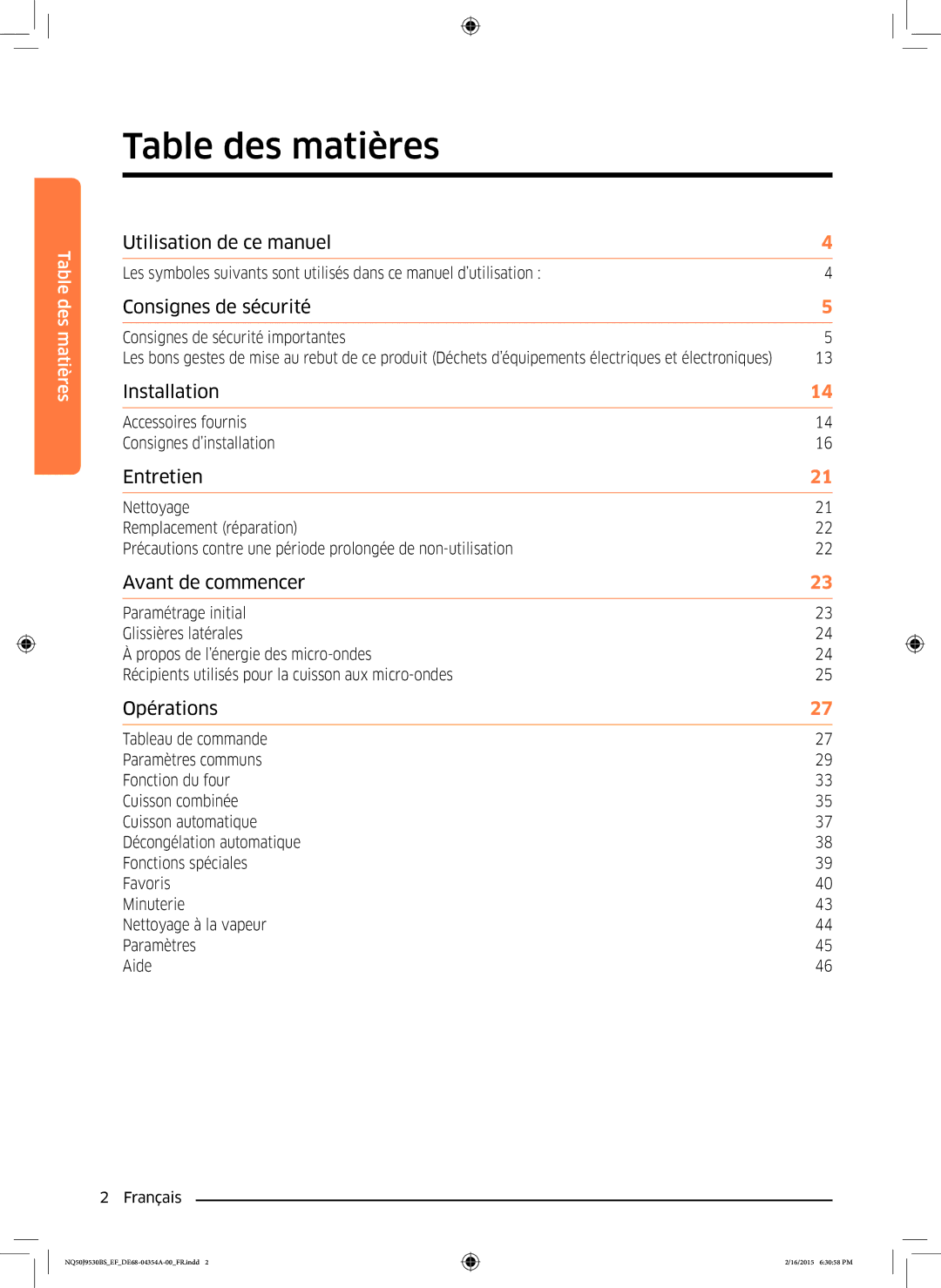 Samsung NQ50J9530BS/EF Table des matières, Consignes de sécurité importantes, Accessoires fournis Consignes d’installation 