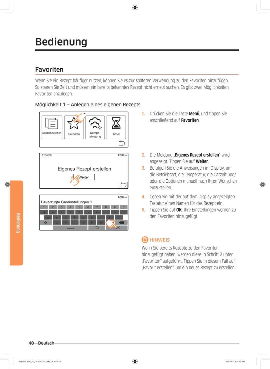 Samsung NQ50J9530BS/EF manual Favoriten, Eigenes Rezept erstellen 