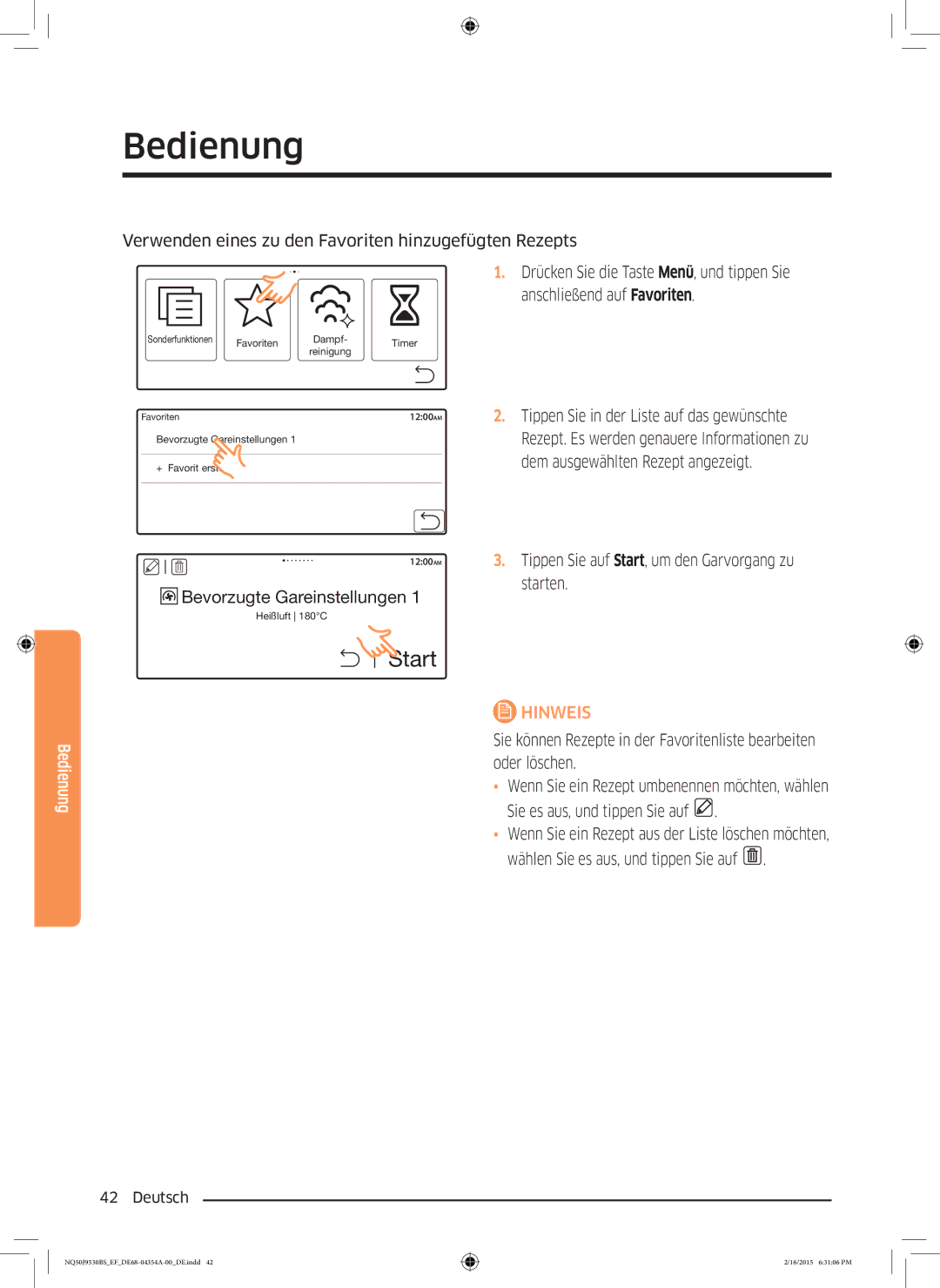 Samsung NQ50J9530BS/EF manual Verwenden eines zu den Favoriten hinzugefügten Rezepts 